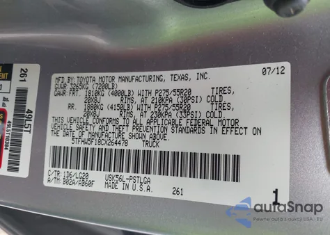 2012 Toyota Tundra Limited 5.7L V8 из США, поврежденный, VIN 5TFHW5F18CX264478